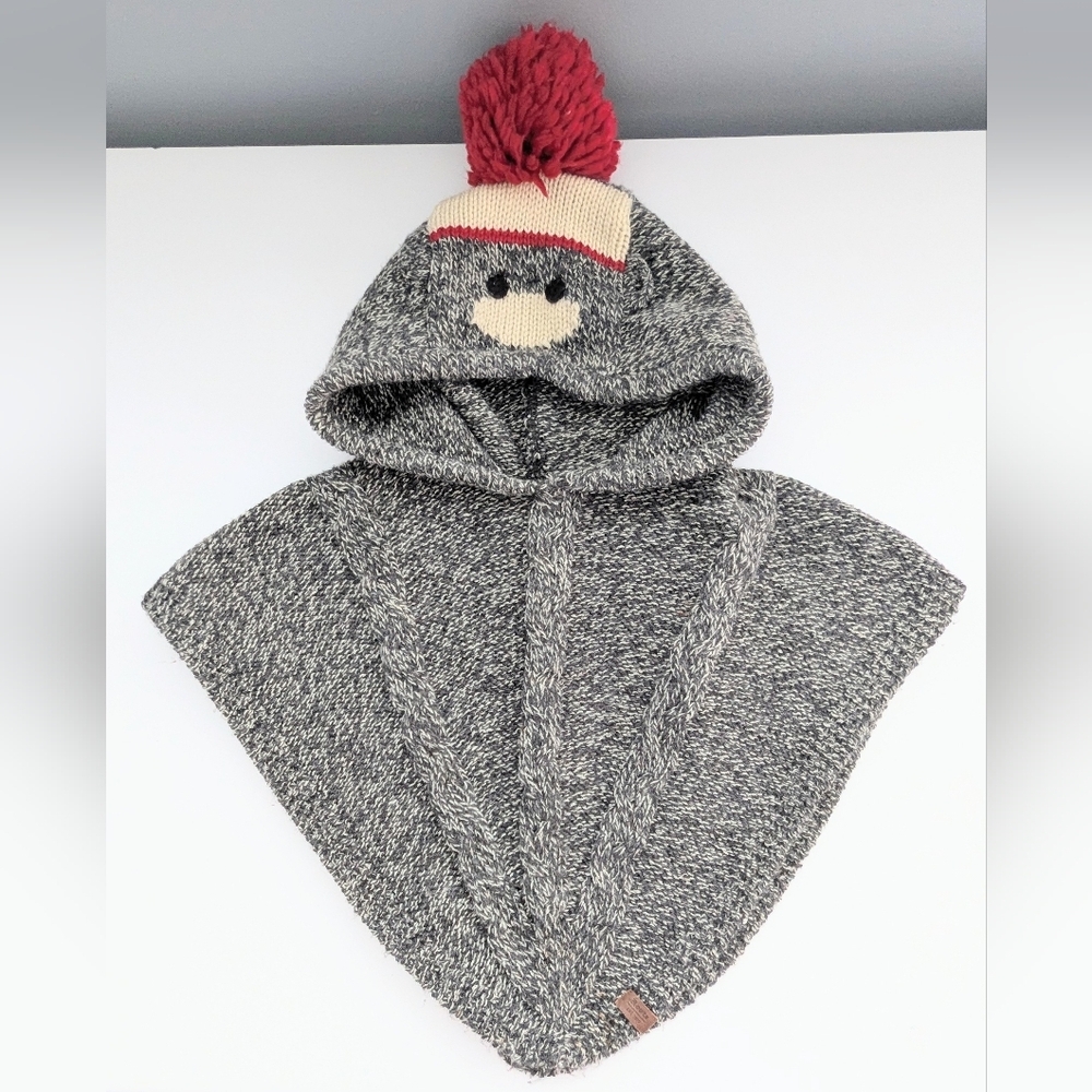Baby Roots (Size 2T-4T) Knit Poncho/Sweater/Cape w/Monkey Face Pom Pom Hood